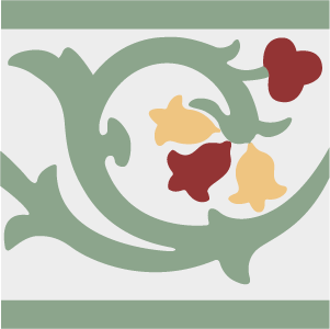 Decorative border tile Campis Cenefa with flowers and petals, bands and lines, arches and curves